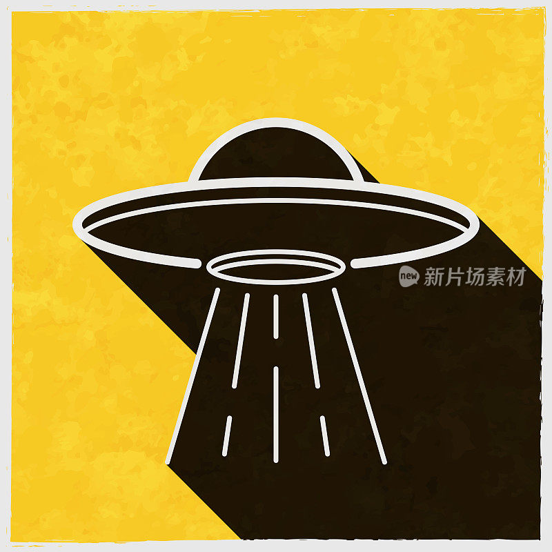UFO -带有光束的飞碟。图标与长阴影的纹理黄色背景